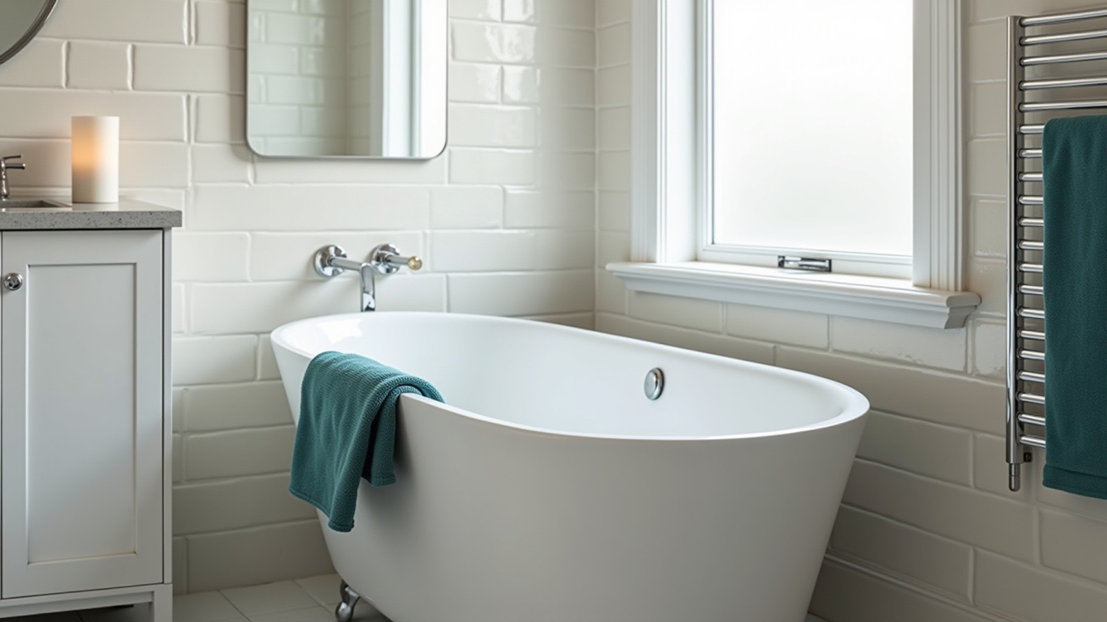 A clean, bright Calgary bathroom with a freestanding tub and chrome fixtures