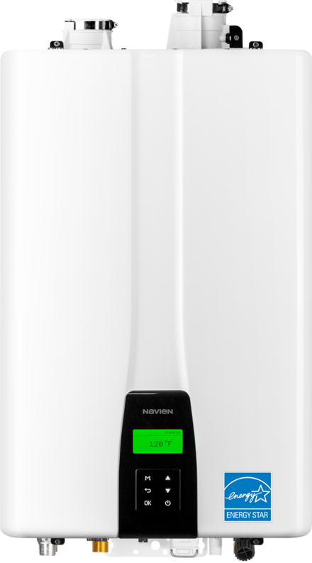 A wall-mounted Navien high-efficiency tankless water heater